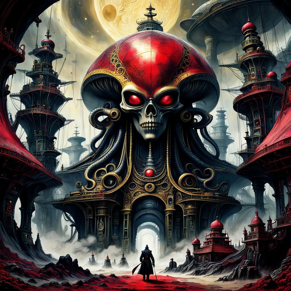 Pirate Captain and Alien Structures in Ink Wash