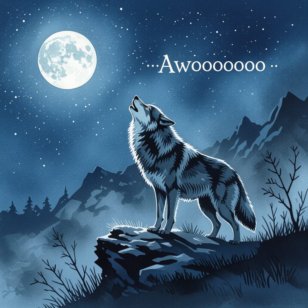 Wolf Howling at Moon in Atmospheric Watercolor Style