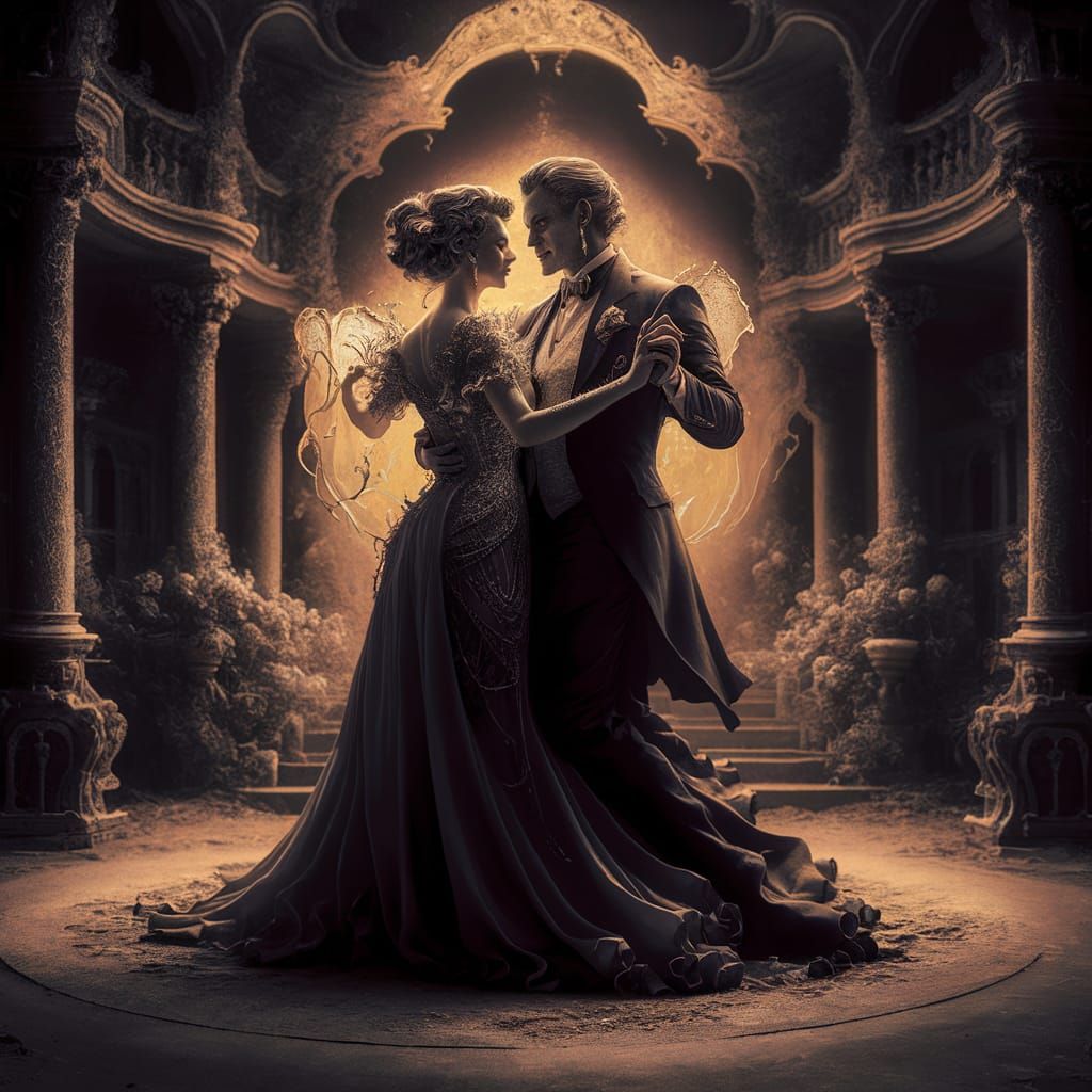 Elegant Vampire Lovers Dancing in Grand Ballroom