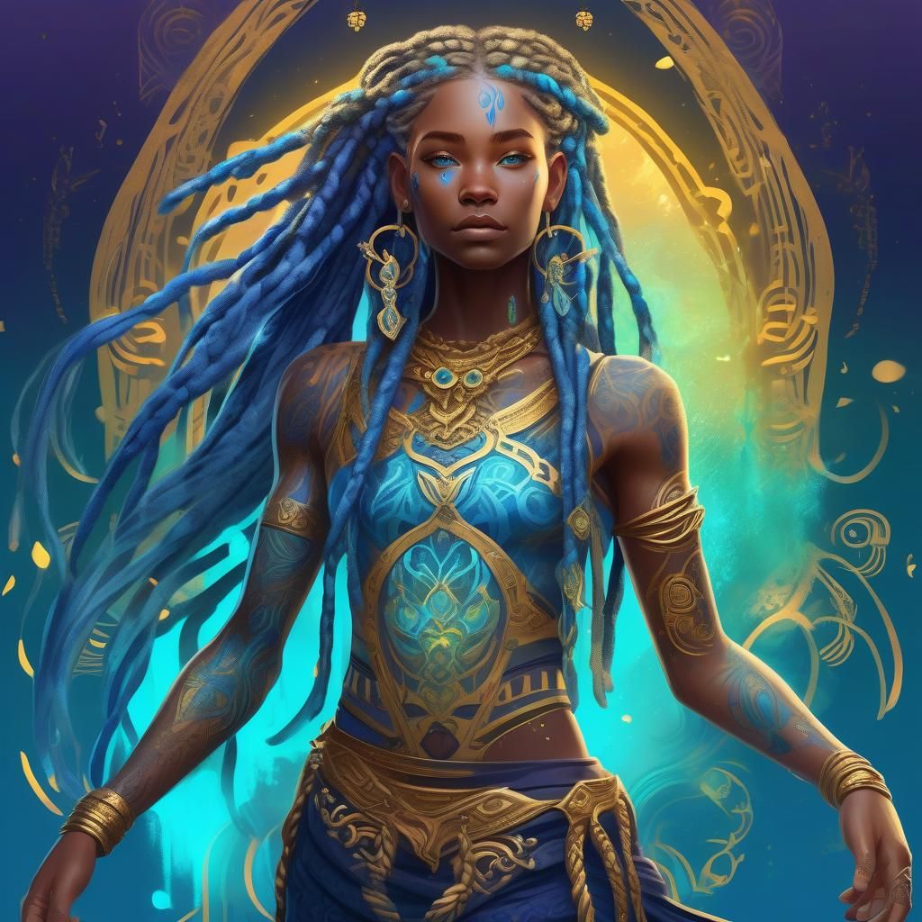 Golden Blue Braided Woman: Fantasy Concept Art