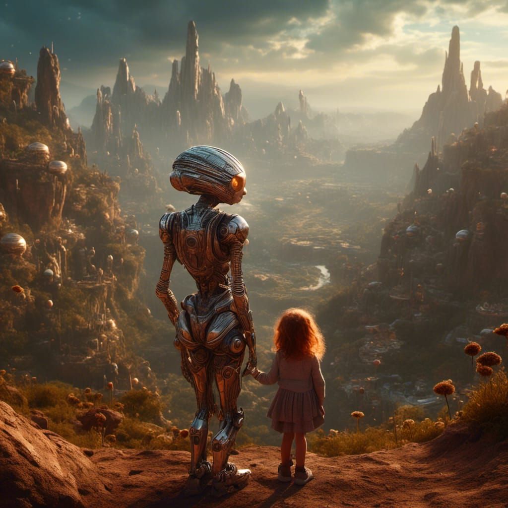 Futuristic Grandmother and Granddaughter on Alien Planet