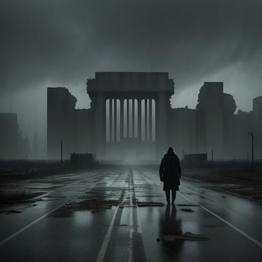 Dystopian Earth: Lone Figure in Post-Apocalyptic Rain