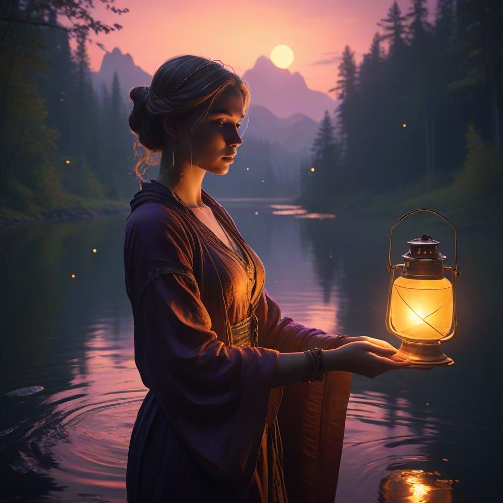 Girl Releases Lantern Over Calm Lake at Night
