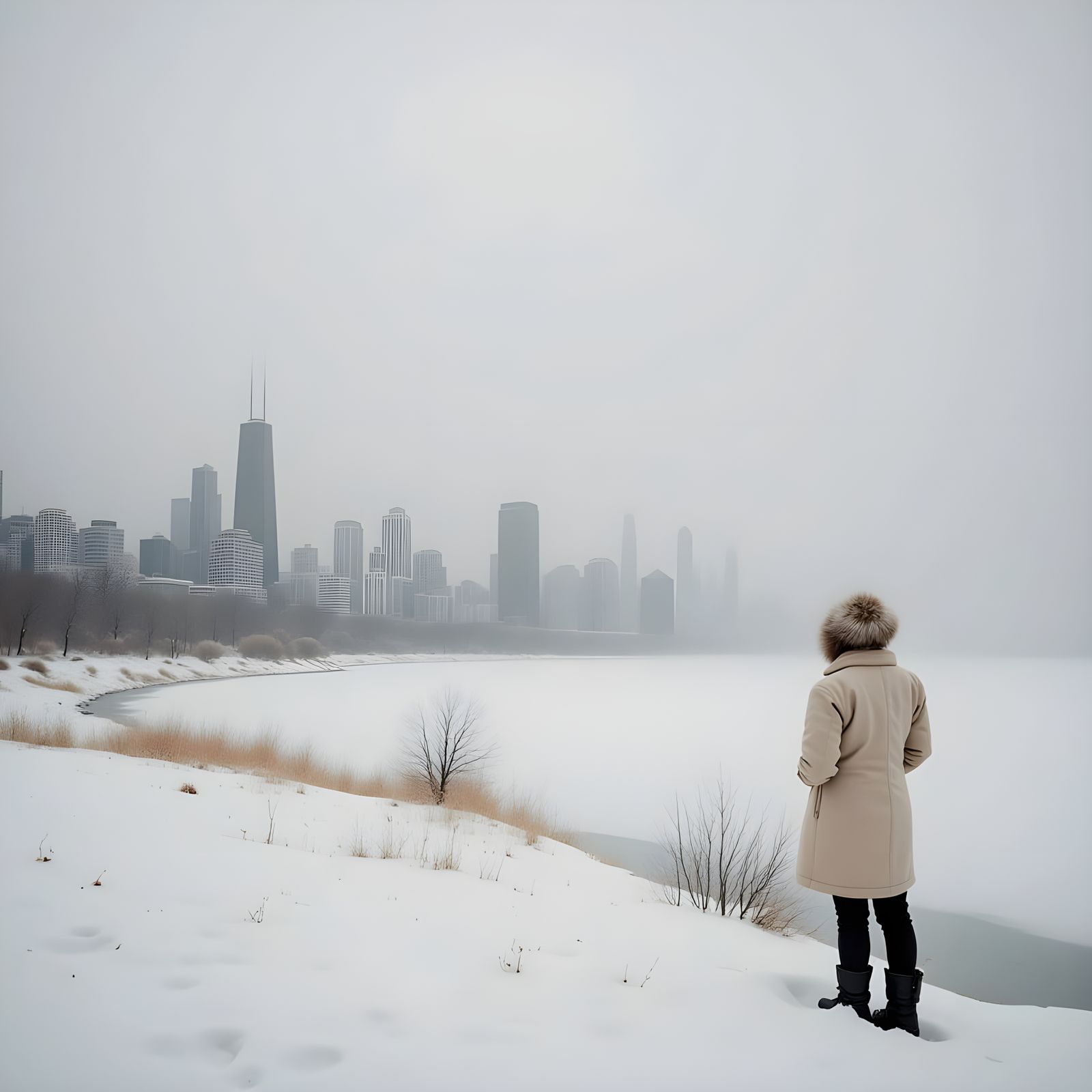 Chicago Skyline in Winter Fog: Watercolor Snowscape