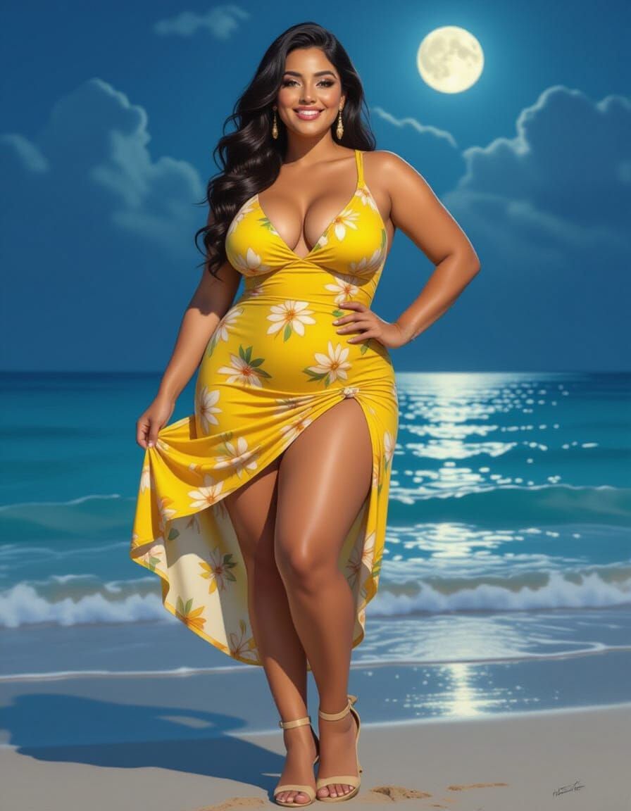 Egyptian Woman in Yellow Dress Under Moonlight