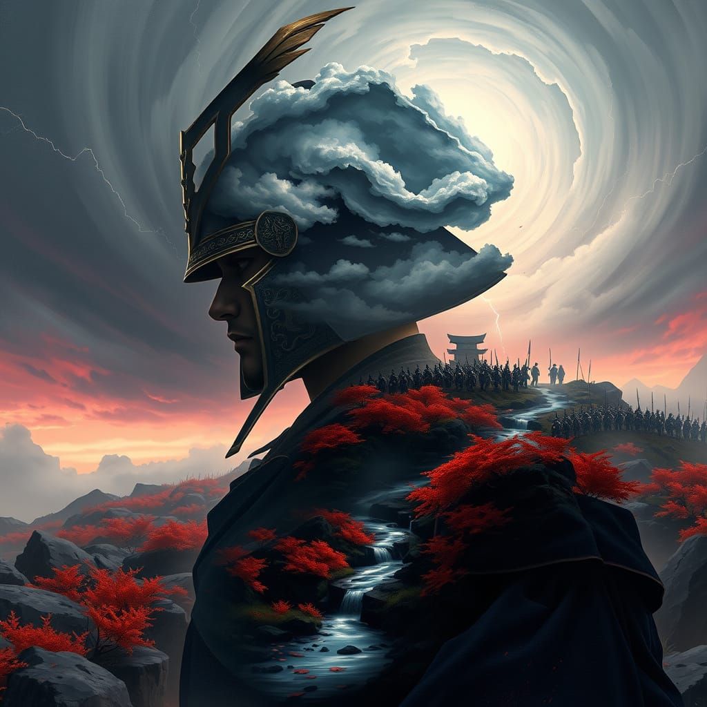 Ethereal Samurai Confronts Stormy Battlefield