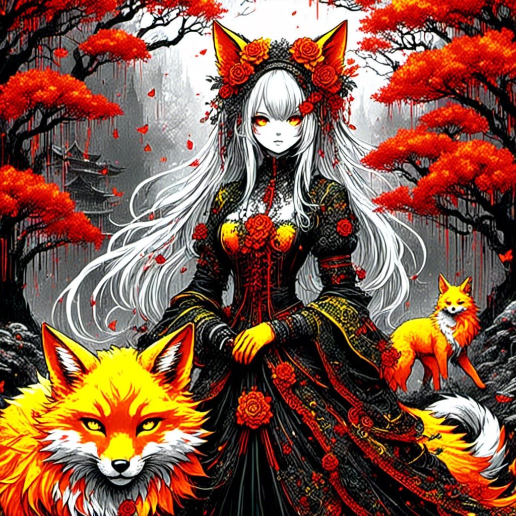 Nine-Tailed Kitsune in Glitchcore Zen Garden