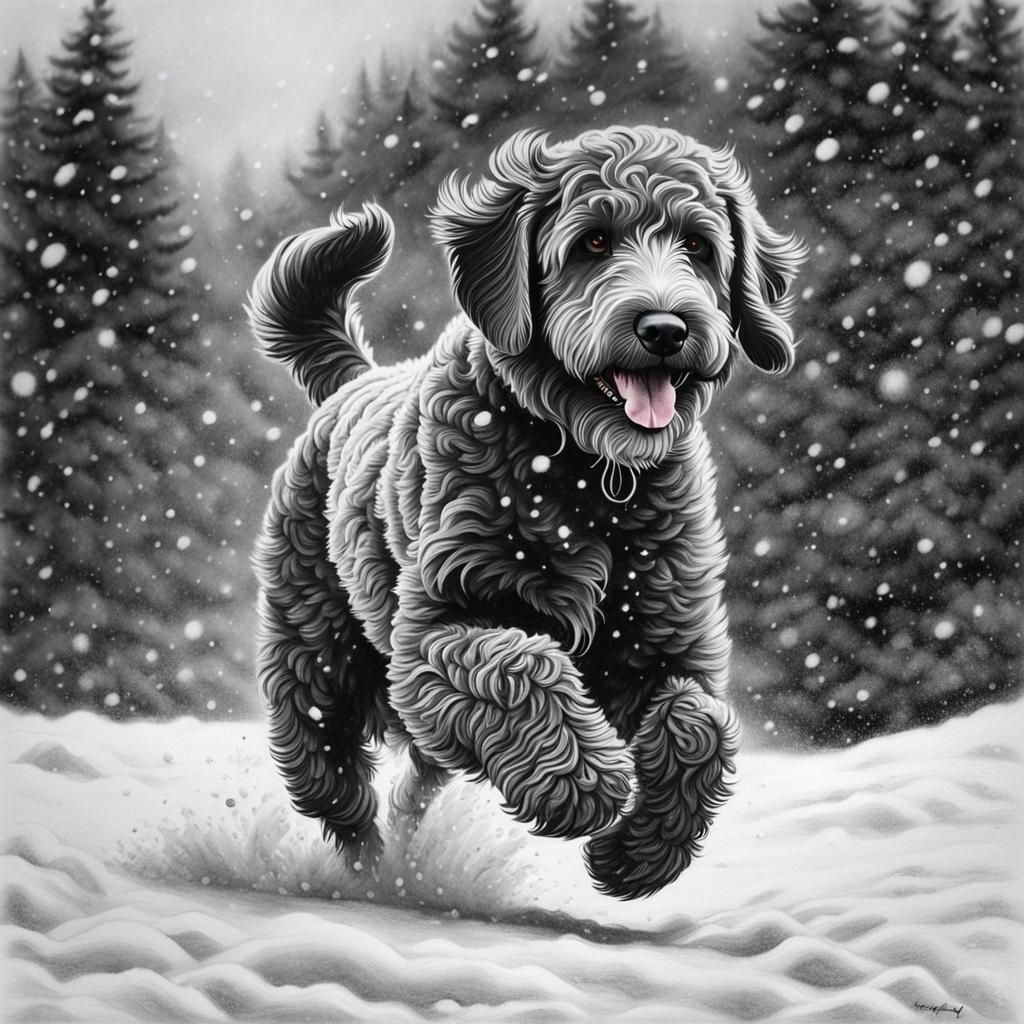 Labradoodle's Joy: A Detailed Charcoal Snow Scene
