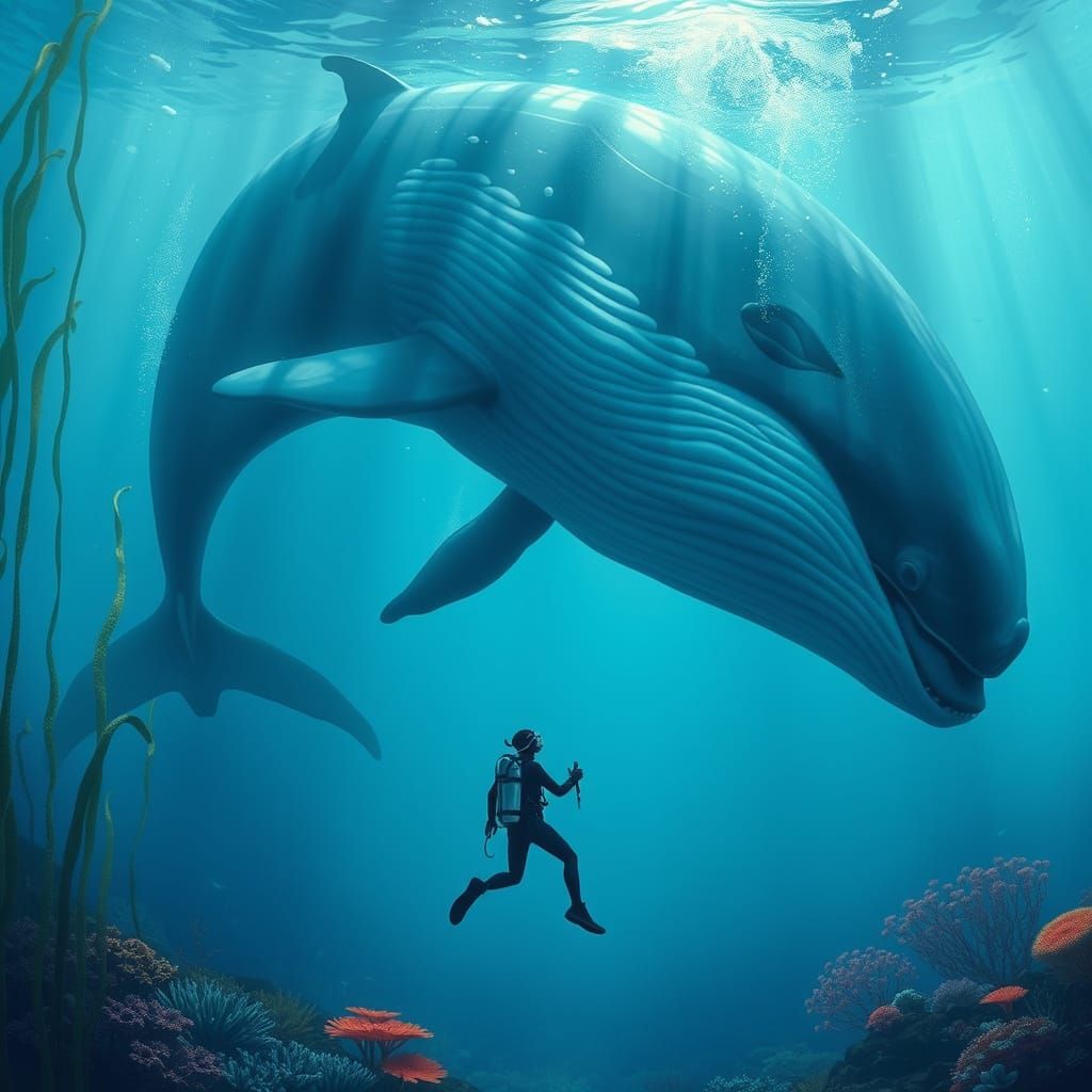 Underwater Serenity: Diver and Whale in Dreamy Ocean