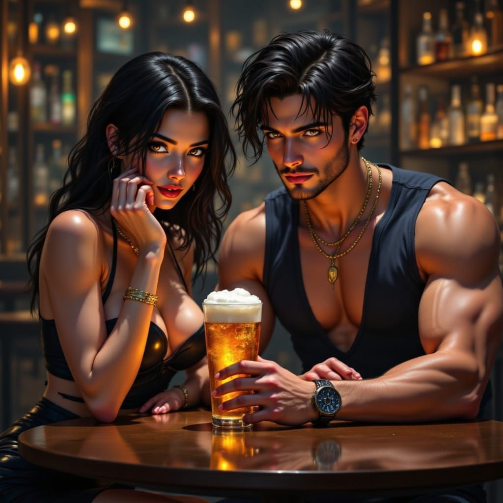 Tall, Muscular Man Sits Beside Elegant Woman in a Dimly Lit ...