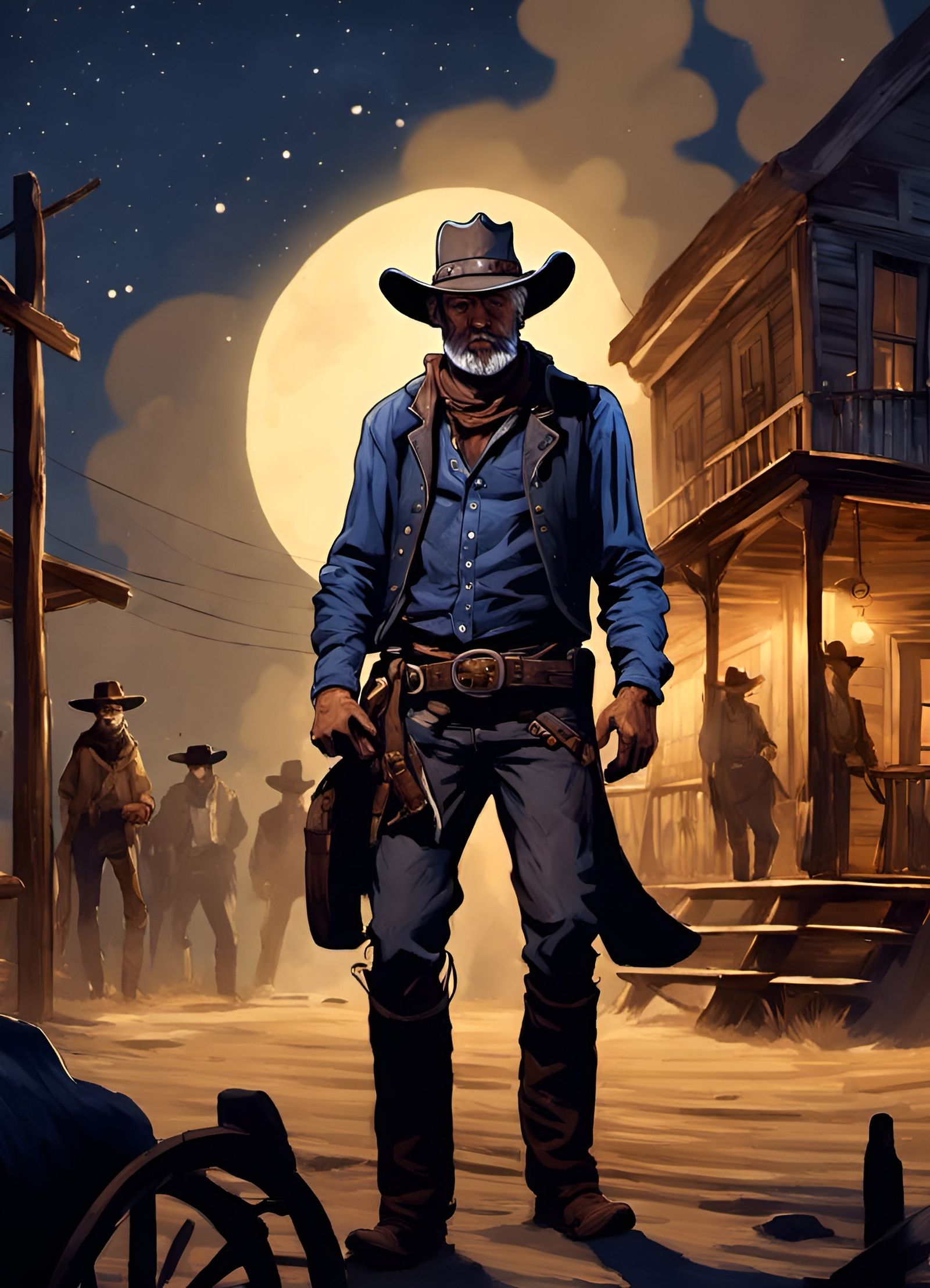 Badass Cowboy in Magic Frontier Town at Night