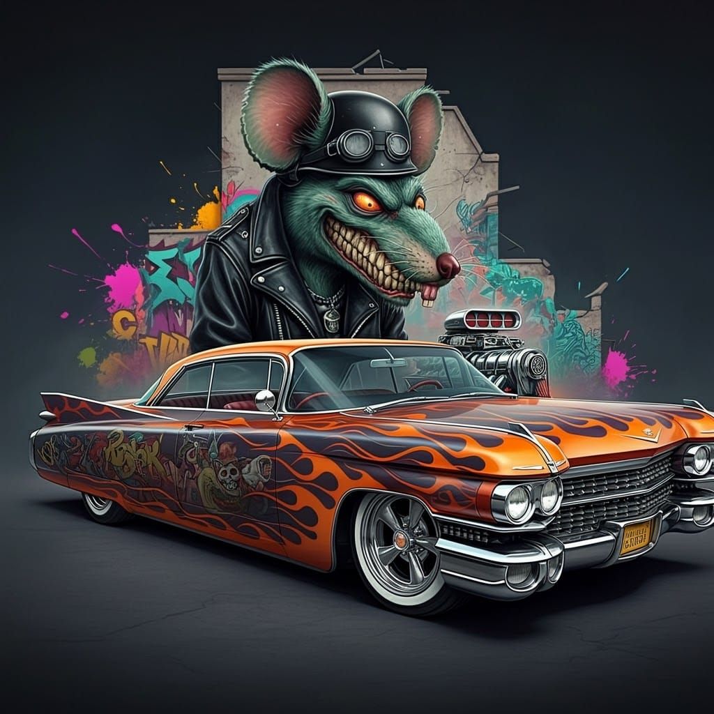 Ratfink Cat Driving Hotrod Cadillac in Kustom Kulture Style