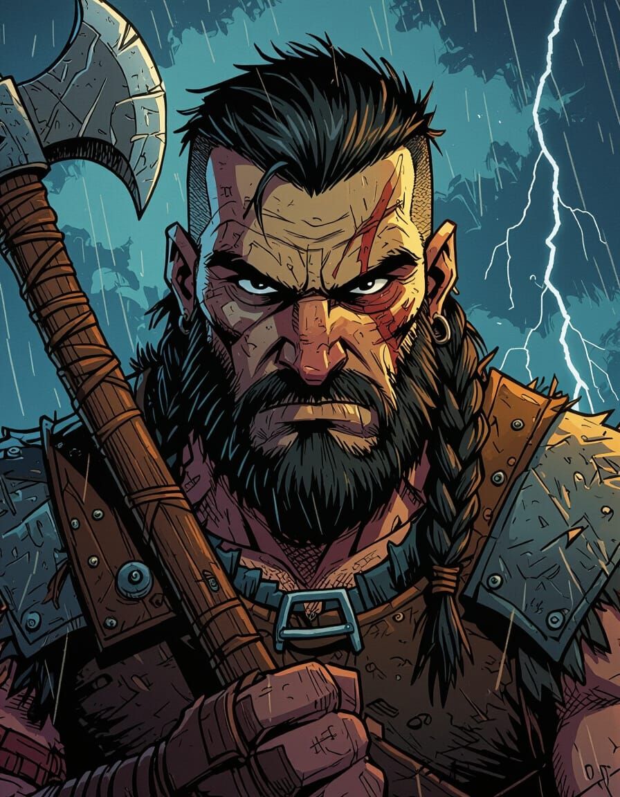 Fierce Warrior with Axe in Comic Book Style