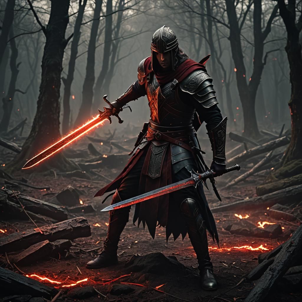 Hero with Cursed Sword in Cinematic Battle