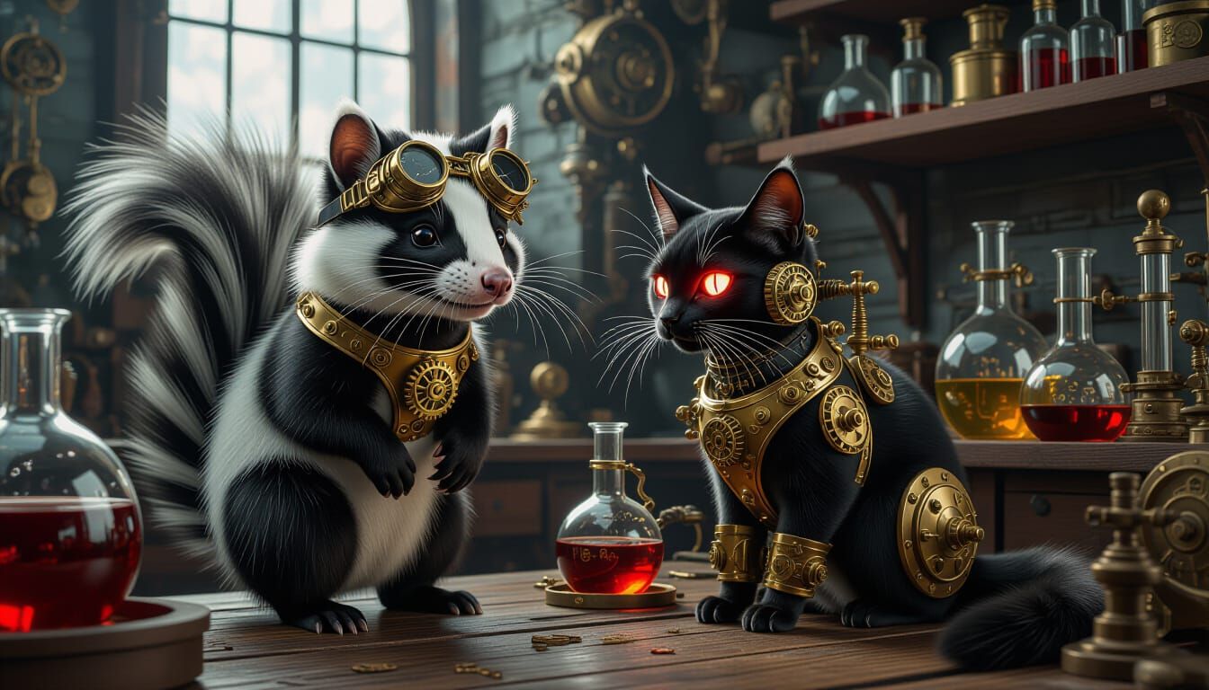 Steampunk Skunk and Cat in Victorian Lab