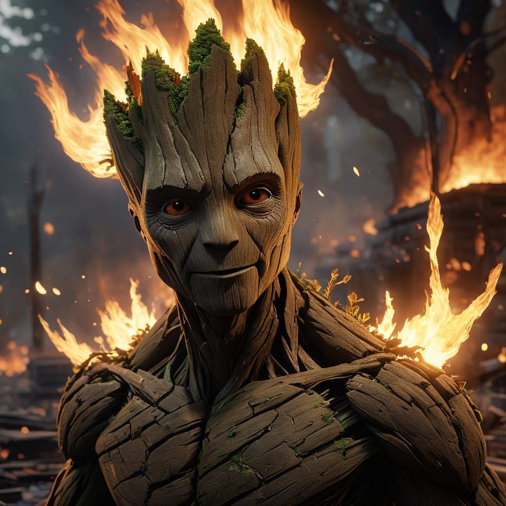 Groot Defends Loved Ones from Meteorite Rain in Anime-Inspir...