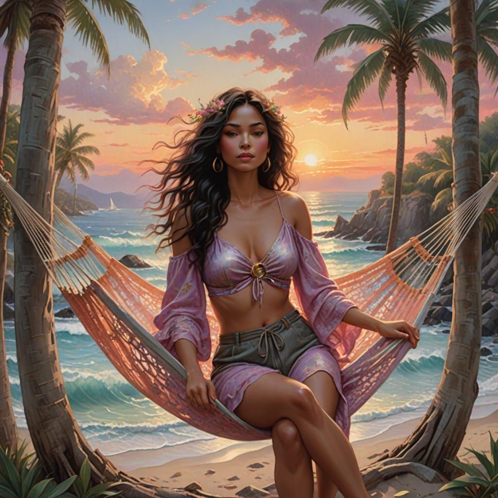 Serene Woman in Gold Bikini Relaxing on Hammock amidst Sunse...