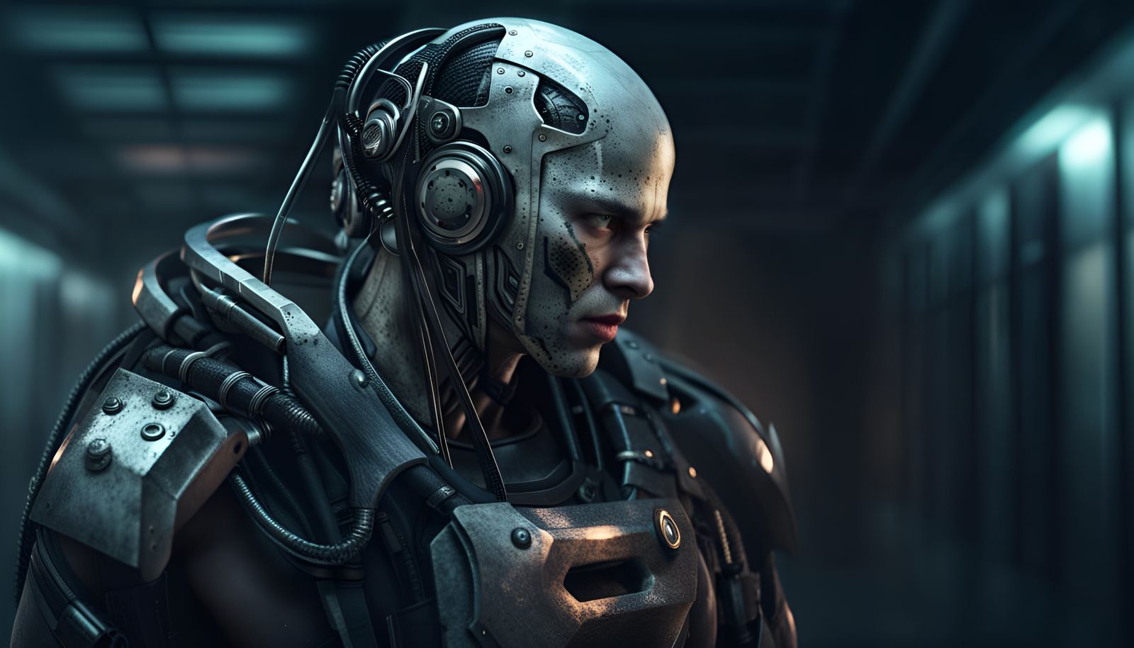 Cyberpunk Cyborg Protector in Dystopian Wasteland