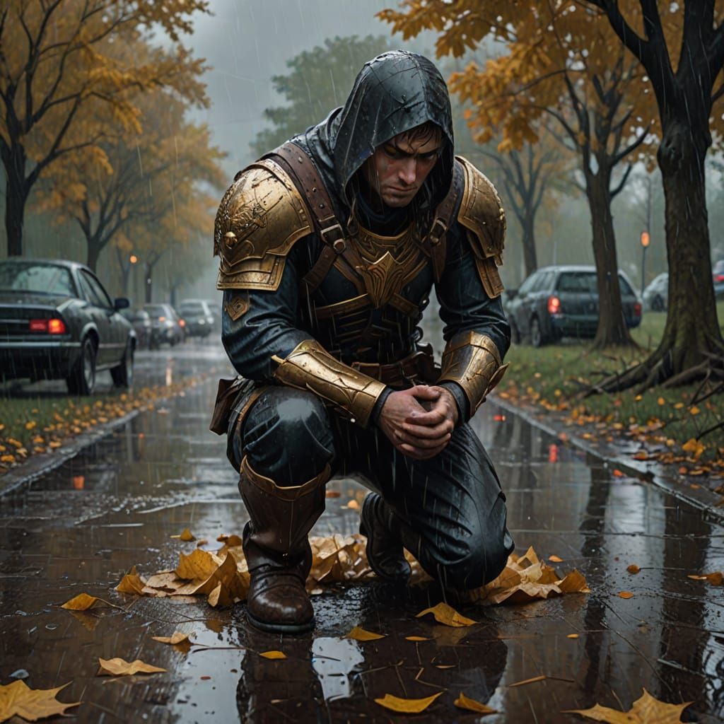 Fall of hero, downcast, kneeling on wet ground, staring down, rain, dramatic, trending on artstation, dramatic, emotiona...