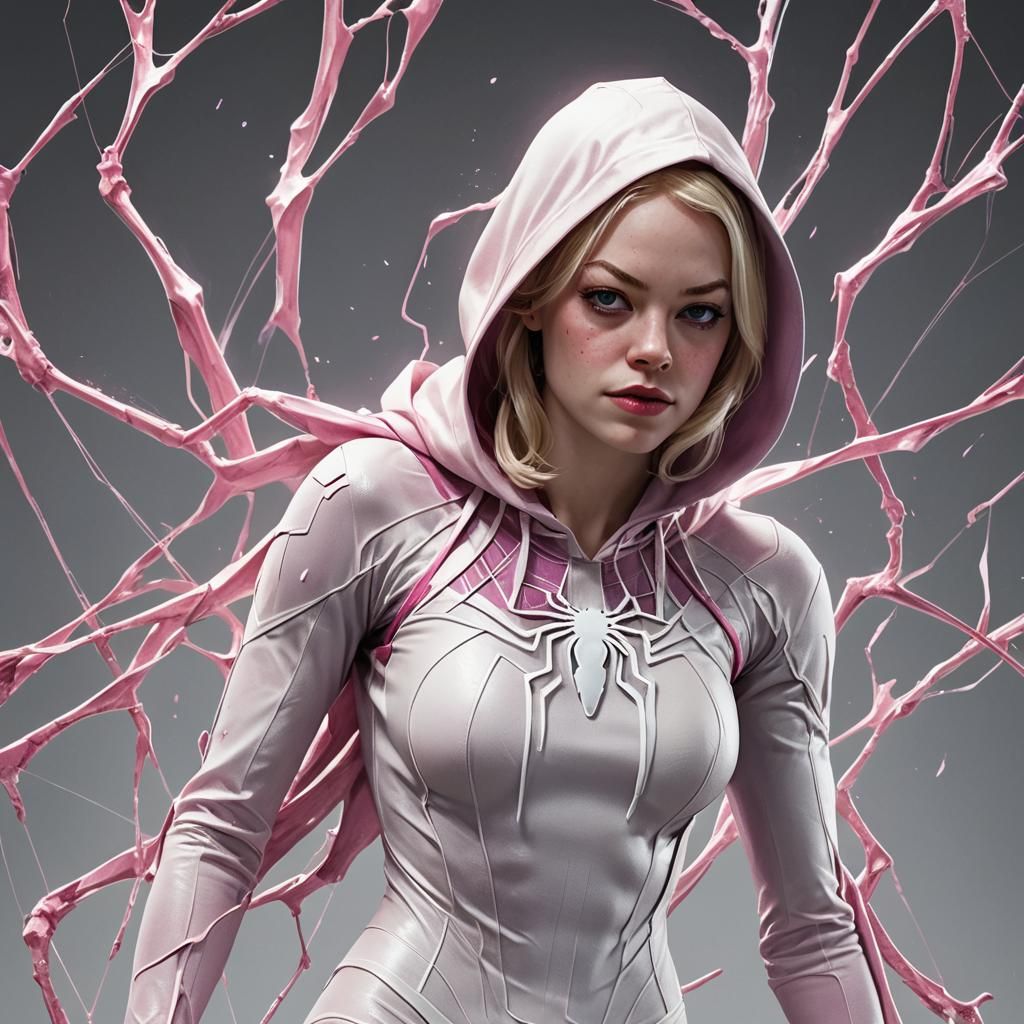 Hyperrealistic Ghost Spider Portrait in Pink and White