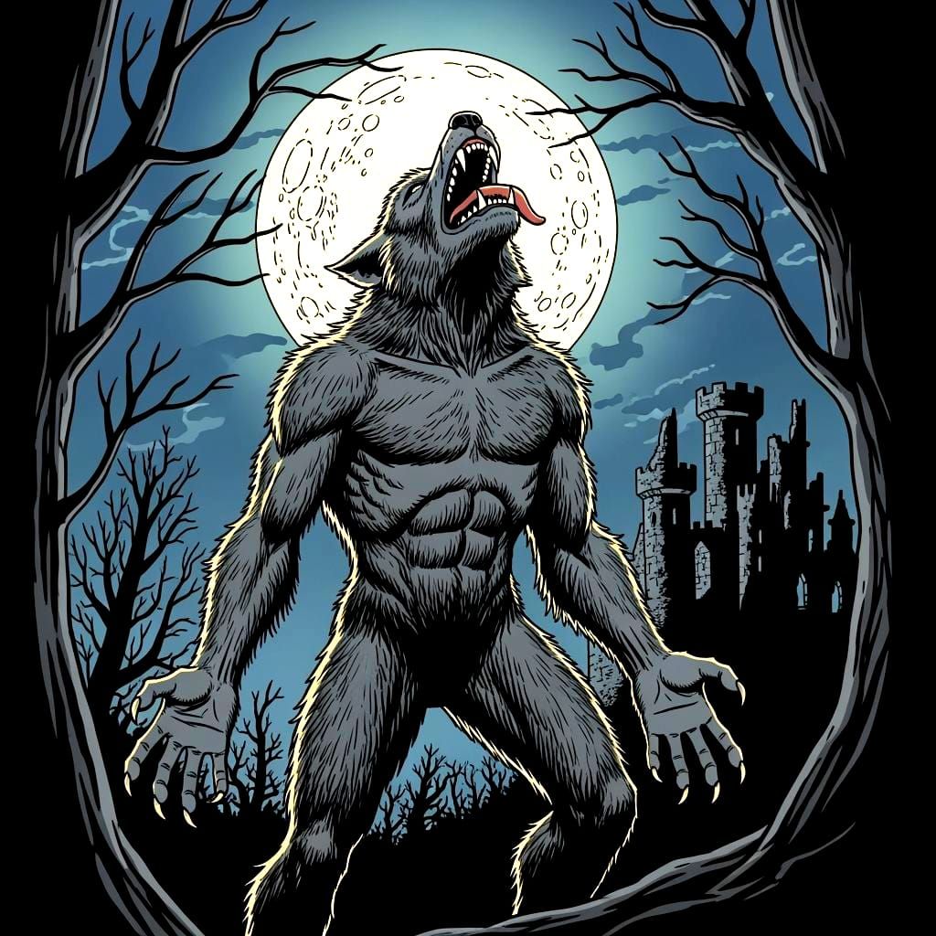 Werewolf Howling at Moon in Vintage Comic Style