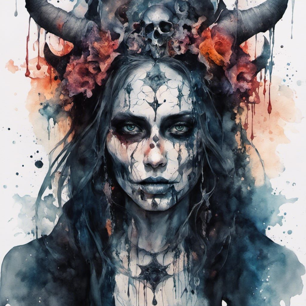 Demon Witch with Skulls in Hyperrealistic Watercolor