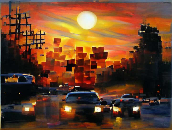 Urban Sunset Headlights: Granular Oil Painting