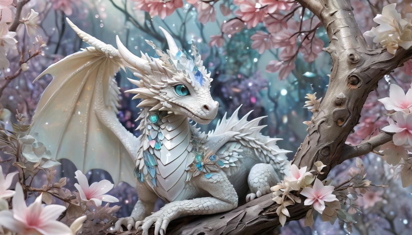 Crystal Dragon with Jewel Flowers: Fantasy Illustration