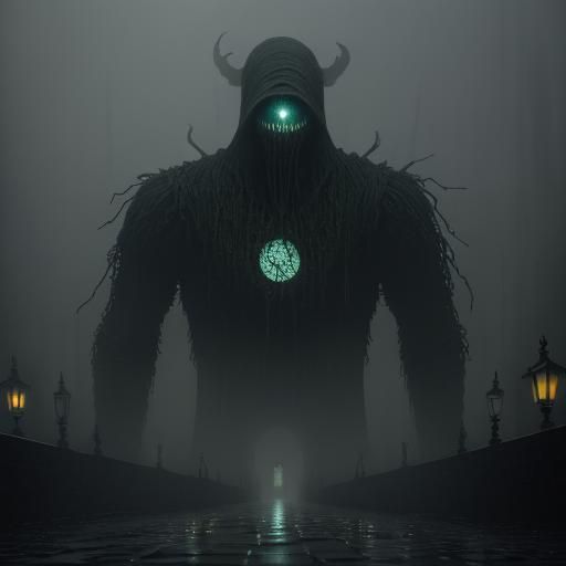 Creepy Teddy Bear in Rainy City: Eldritch Surrealism