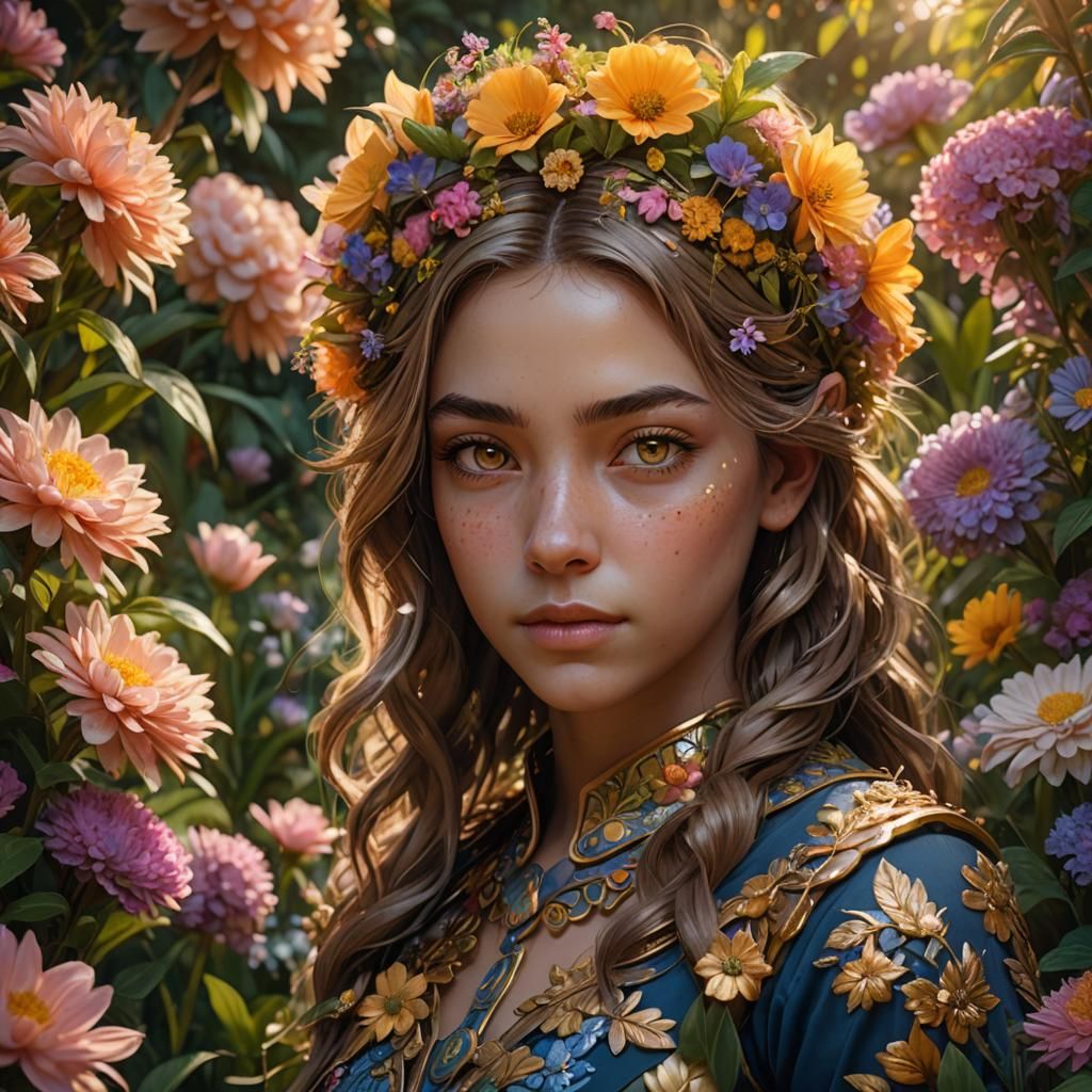 Young Girl Portrait with Flowers, Digital Art