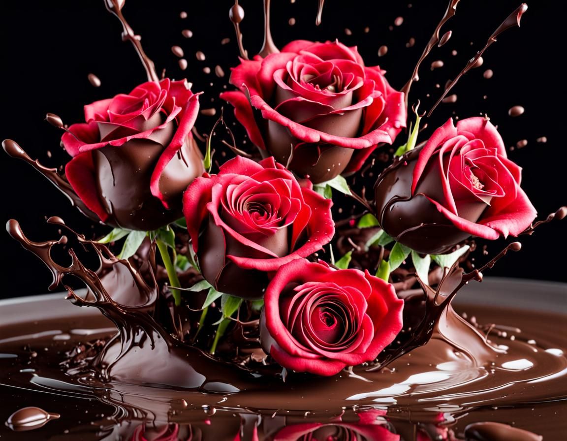 Red Roses Exploding from Liquid Chocolate