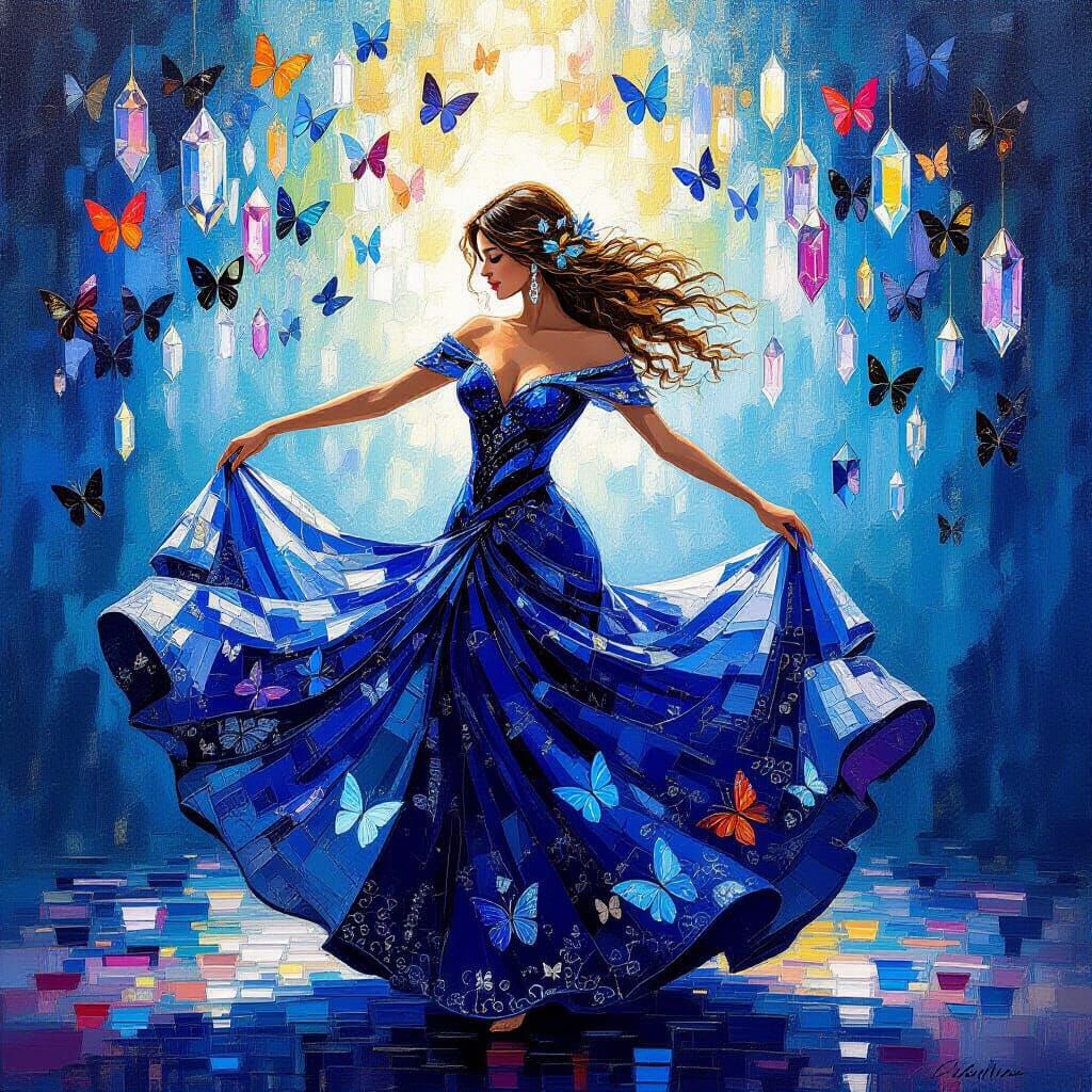 Woman Dancing in Royal Blue Dress with Crystal Light