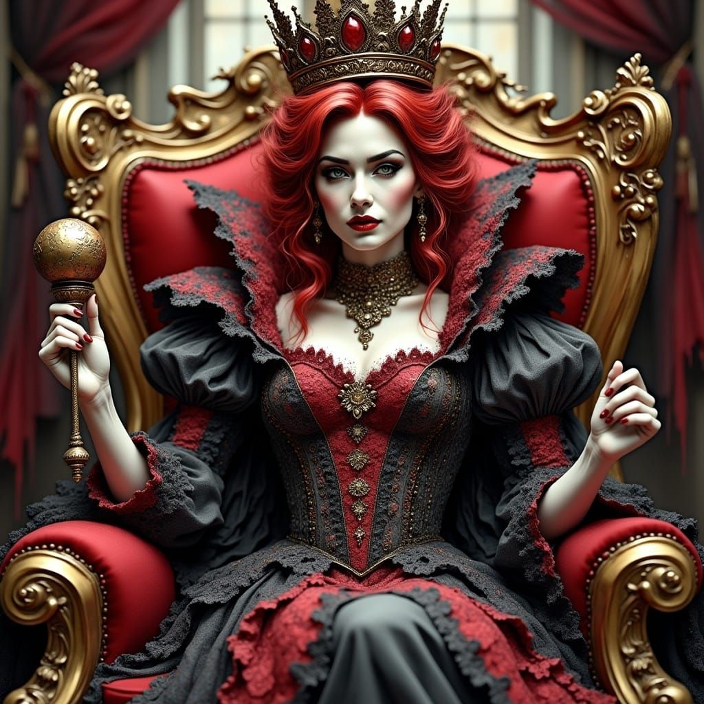 Furious Queen of Hearts on Golden Throne