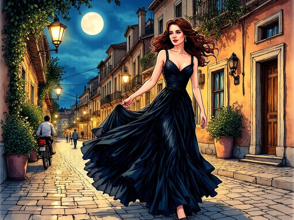 Elegant Woman in Black Gown on Palma Nights