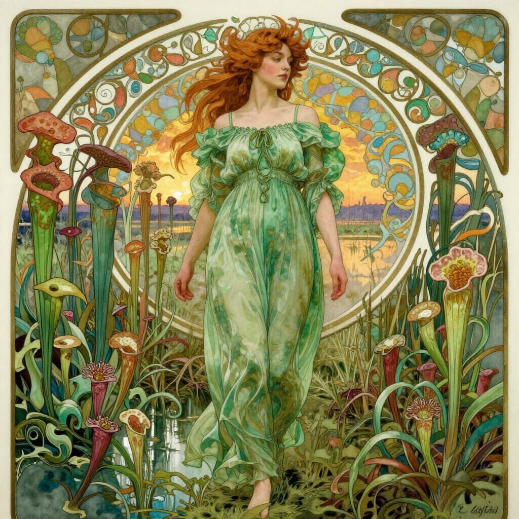 Art Nouveau Woman in Carnivorous Plant Marsh at Sunset
