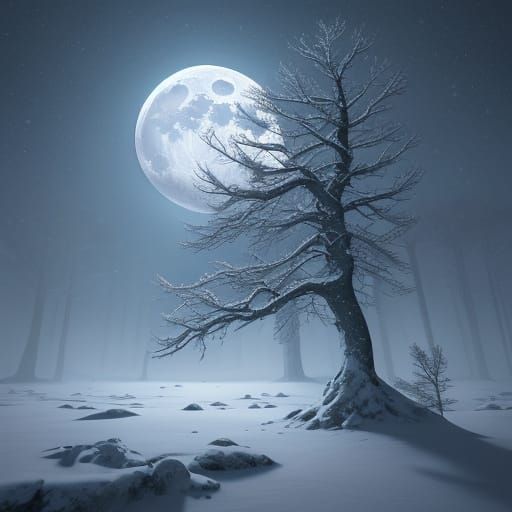 Full Moon Over Snowy Forest with Howling Wolf