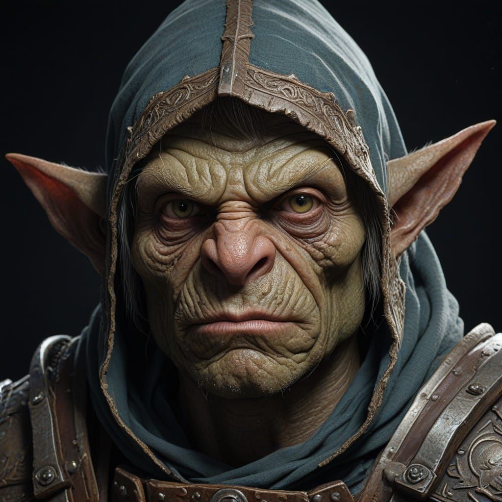 Cyberpunk-Style Portrait of a Weathered Goblin Warrior