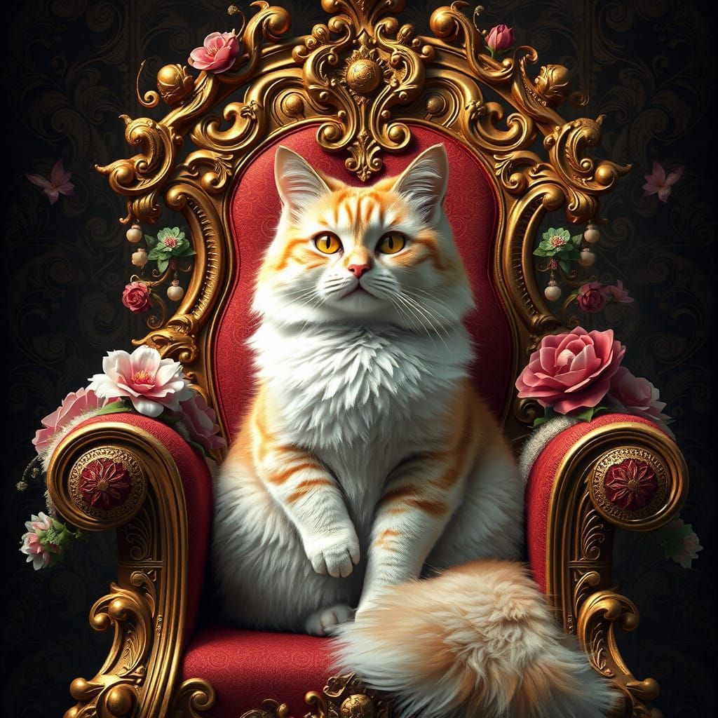 Majestic Golden White Cat in Gilded Palace Chair