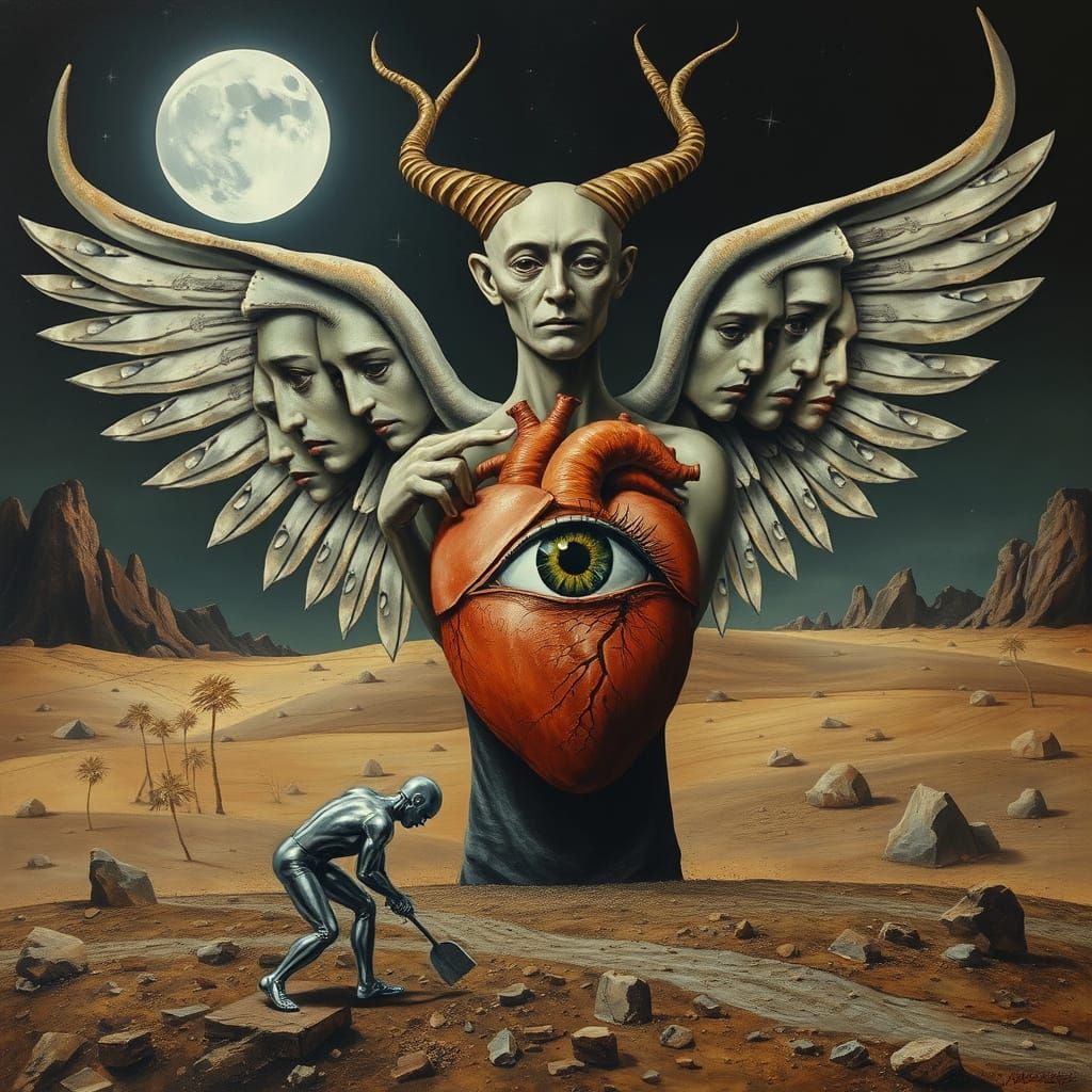 Surreal Winged Figure Collage Painting