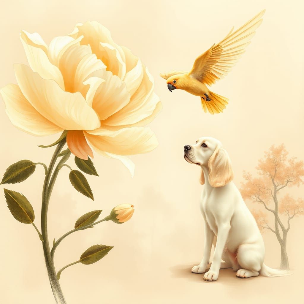 Cream Peonies with Parrot in Klimt Style