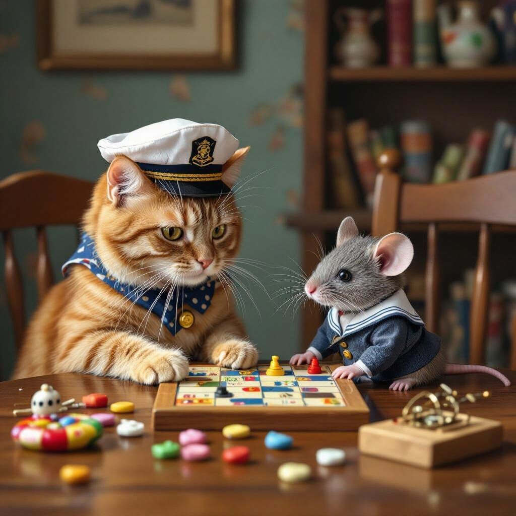 Cat and Mouse Play Battleship: Storybook Illustration