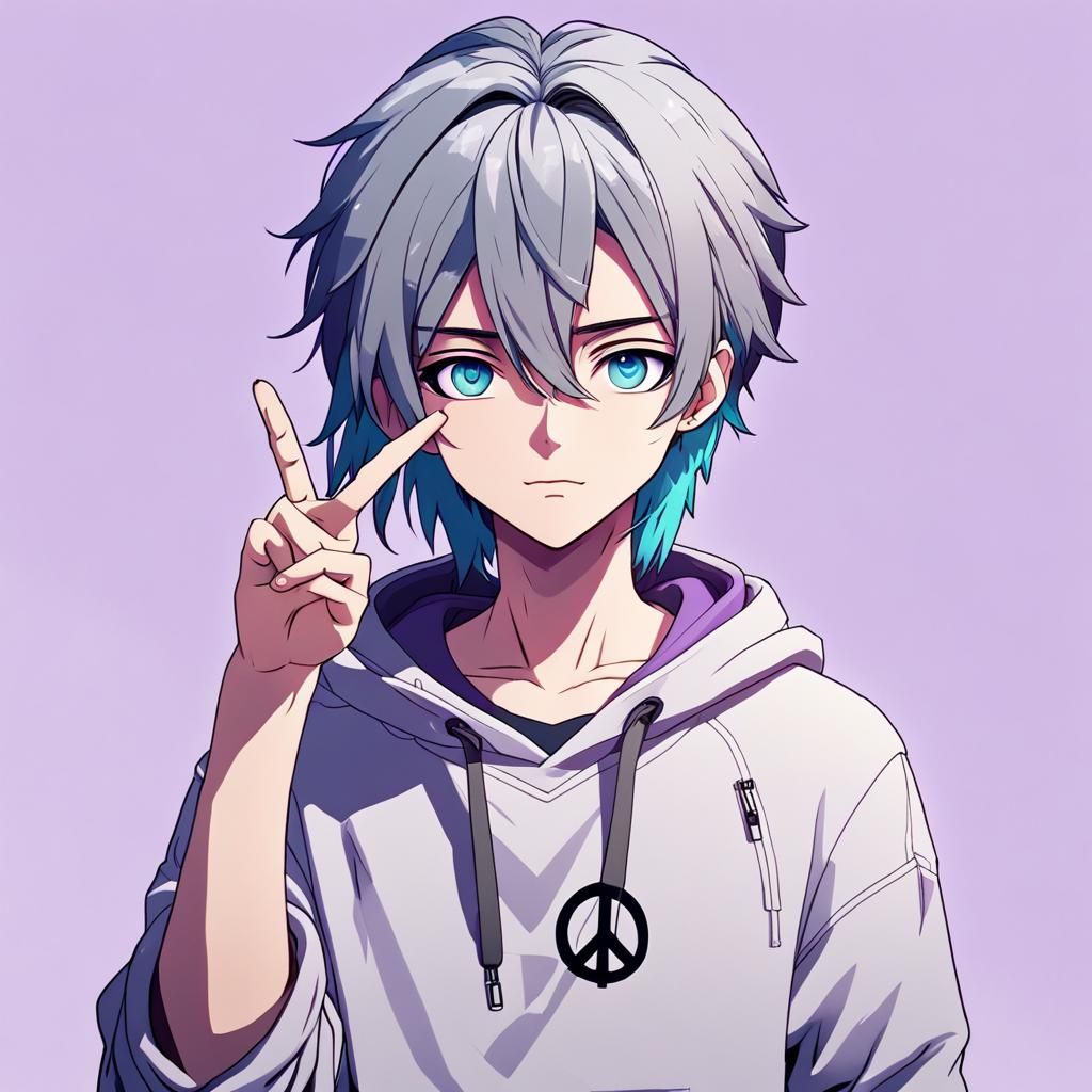 Anime-Inspired Boy Raises Peace Sign against Deep Purple Haz...
