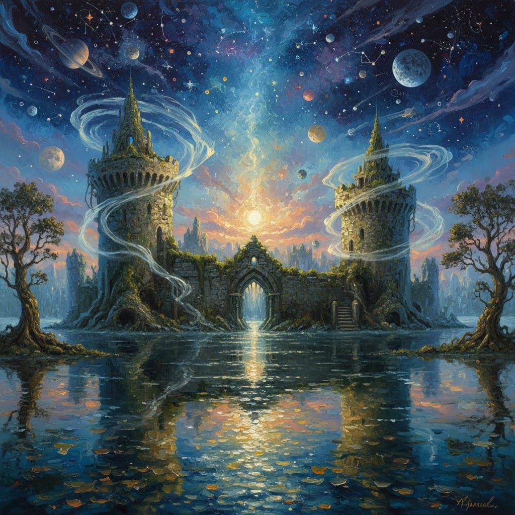 Ethereal Castle Reflected in Lake: Oil Painting