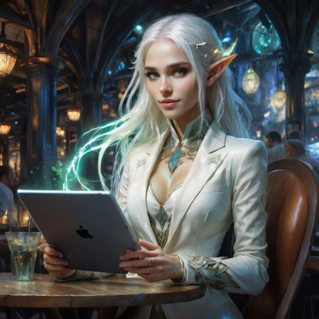 Enchanting Elf Woman Creates Images with Magic iPad