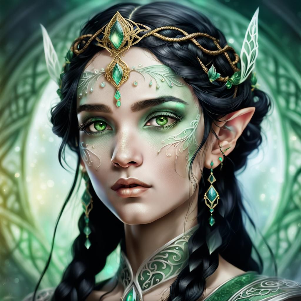 Portrait of a female elf princess. Long black braided hair. ...