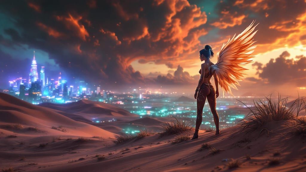 Desert Nomad with Wings Surveys Dune Landscape near Cyberpun...