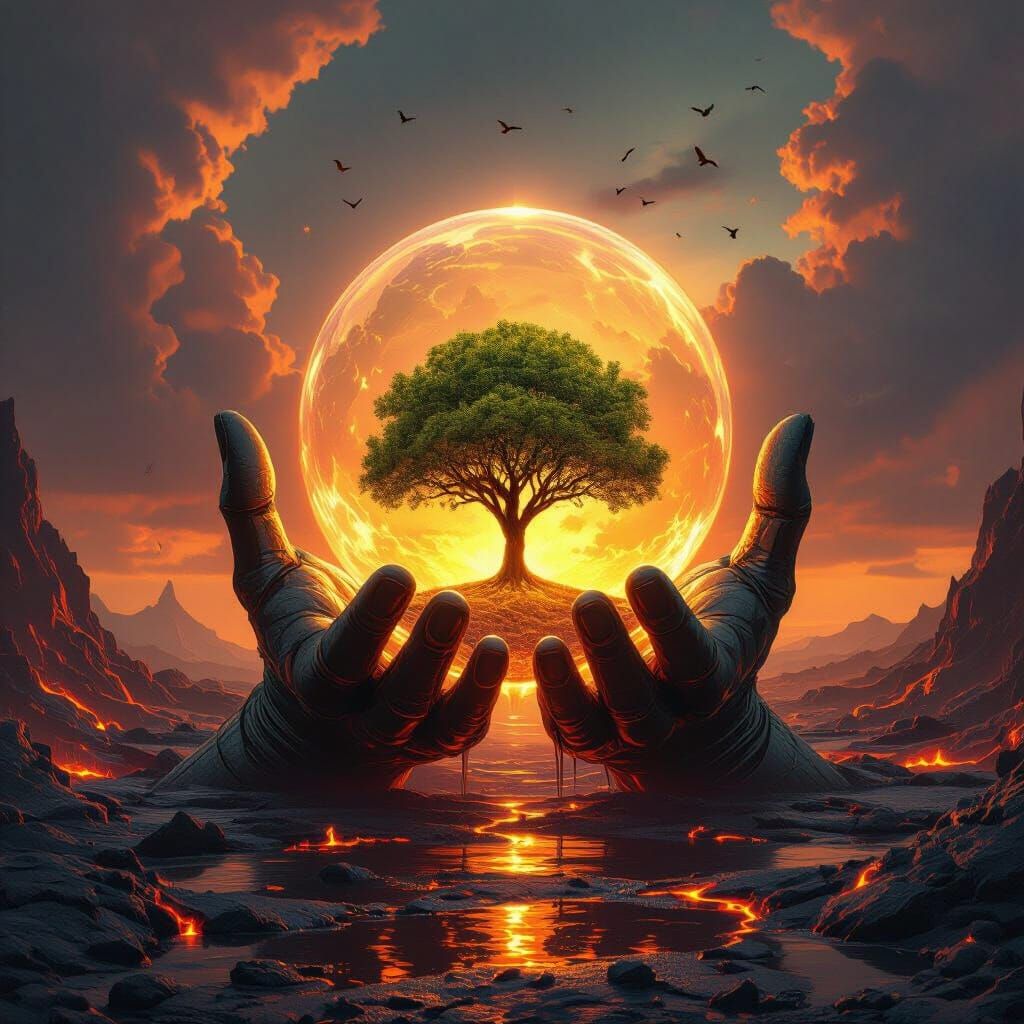 Colossal Hands Cradle Life in Molten Landscape