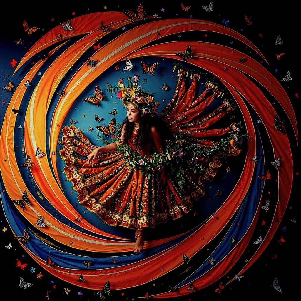 Woman in Citrus Gown with Butterflies and Flower Crown