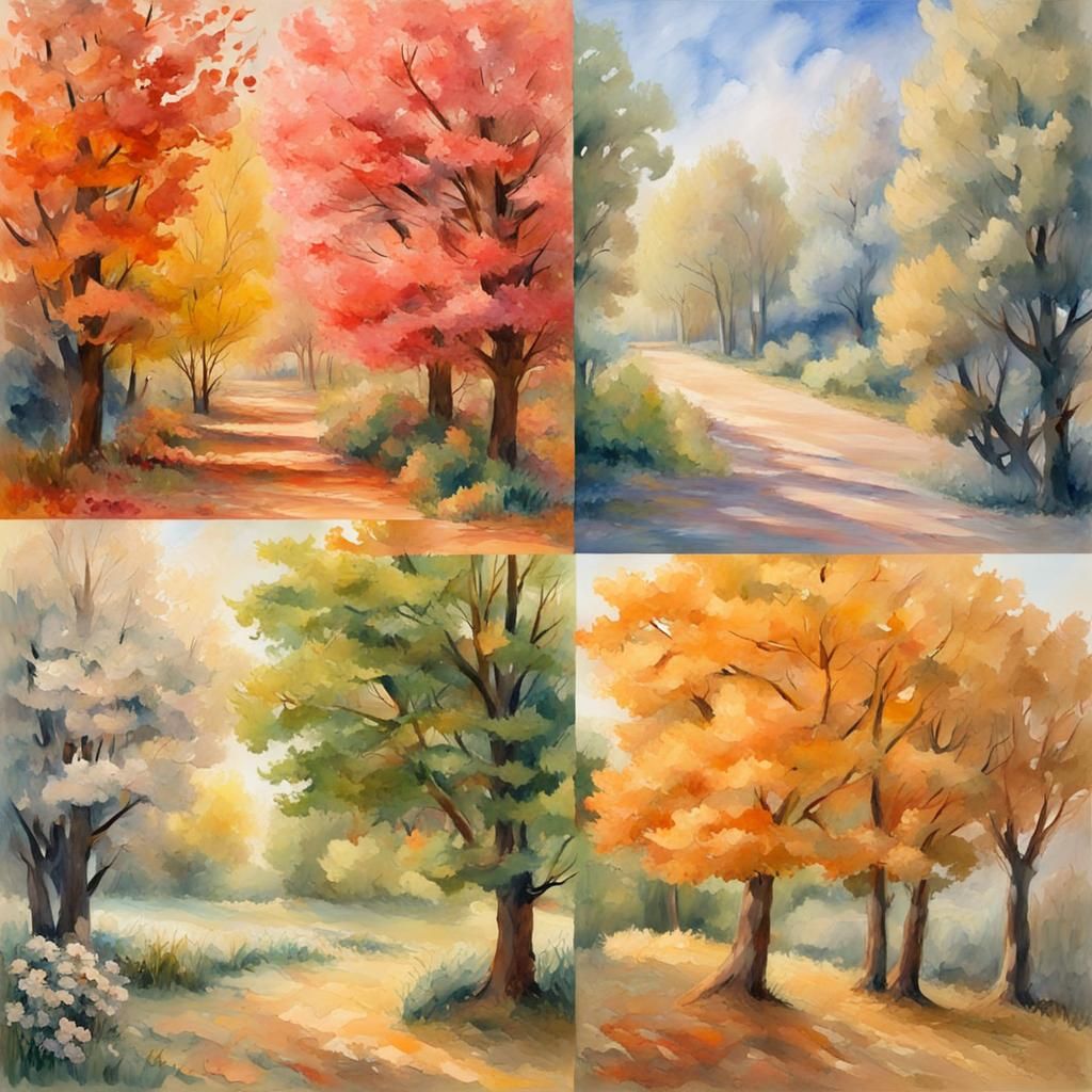 Four Seasons in Gouache Watercolor Style