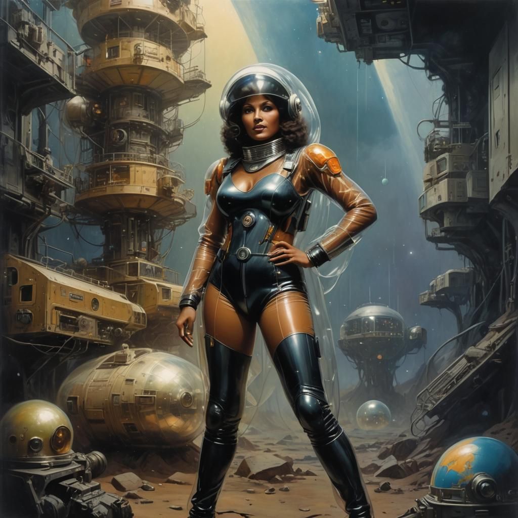 Retrofuturistic Sci-Fi Woman in Transparent Spacesuit